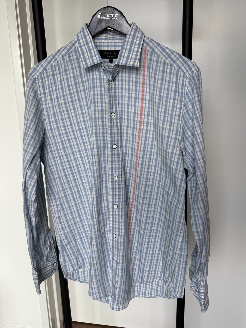 Rag & Bone Men's Light Blue Plaid Button-Up Shirt with pink stripe. Size 15 1/2